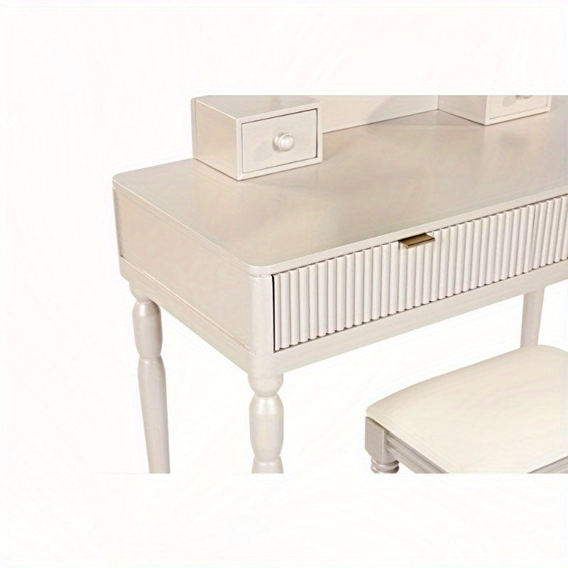 Chic Height-Adjustable Vanity Set with Round Mirror, 4 Spacious Drawers, Champagne Colored Dressing Table with Stool, Perfect for Home, Vanity Area, Beauty Routine