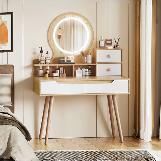 Makeup Vanity Desk With 3 Adjustable Lighted Mirror, Dressing Table Set With 4 Drawers And 3 Open Shelves For Small Space Bedroom