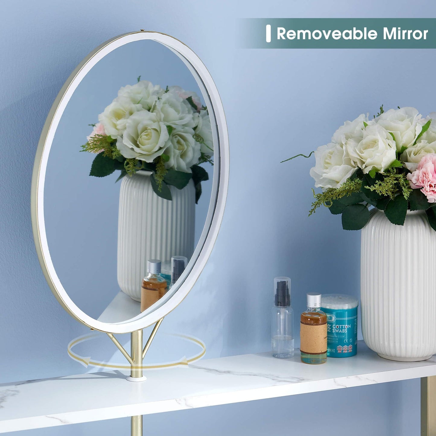 MCombo Vanity Desk with Mirror, White Makeup Vanity Desk with 2 Open Storage Shelves for Bedroom, Living Room