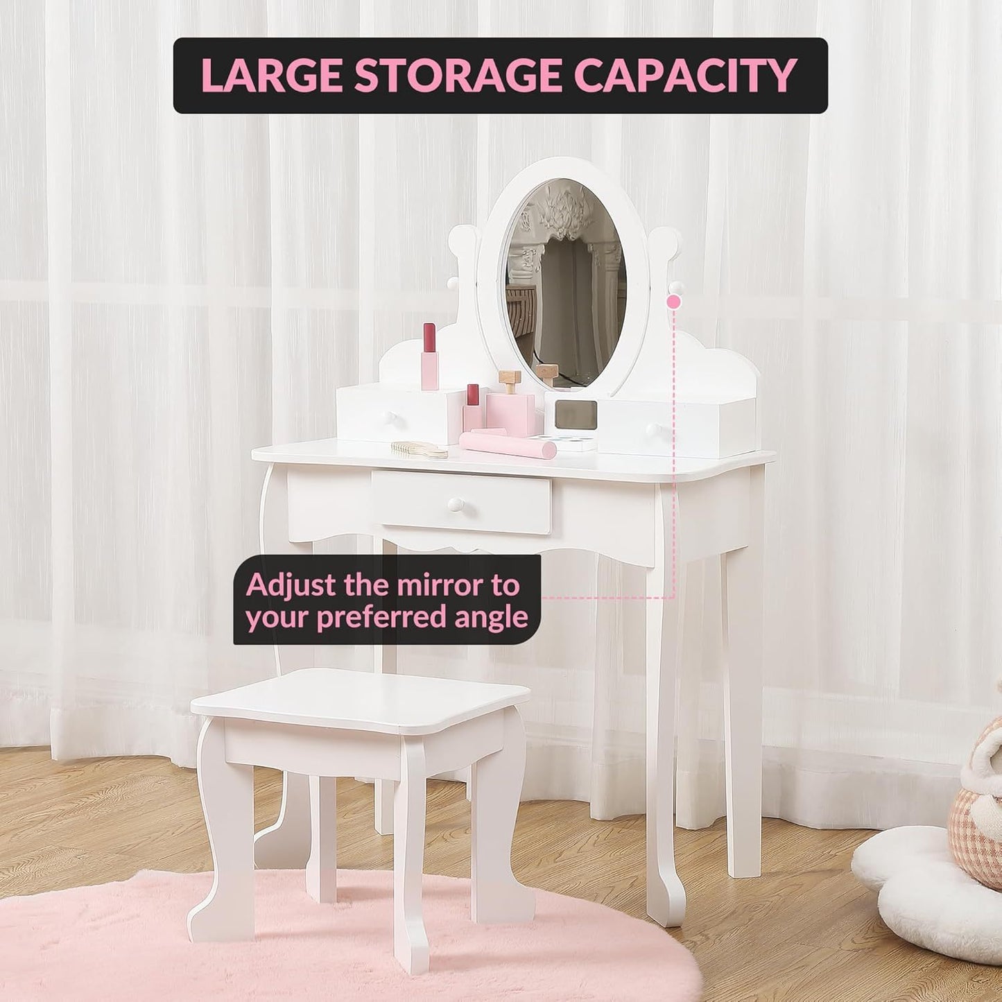 Girls Vanity Set Adjustable Angle Mirror Vanity Set | Pretend Play Girls Vanity Table and Chair Set with Mirror, Stool, and Wood Makeup Playset