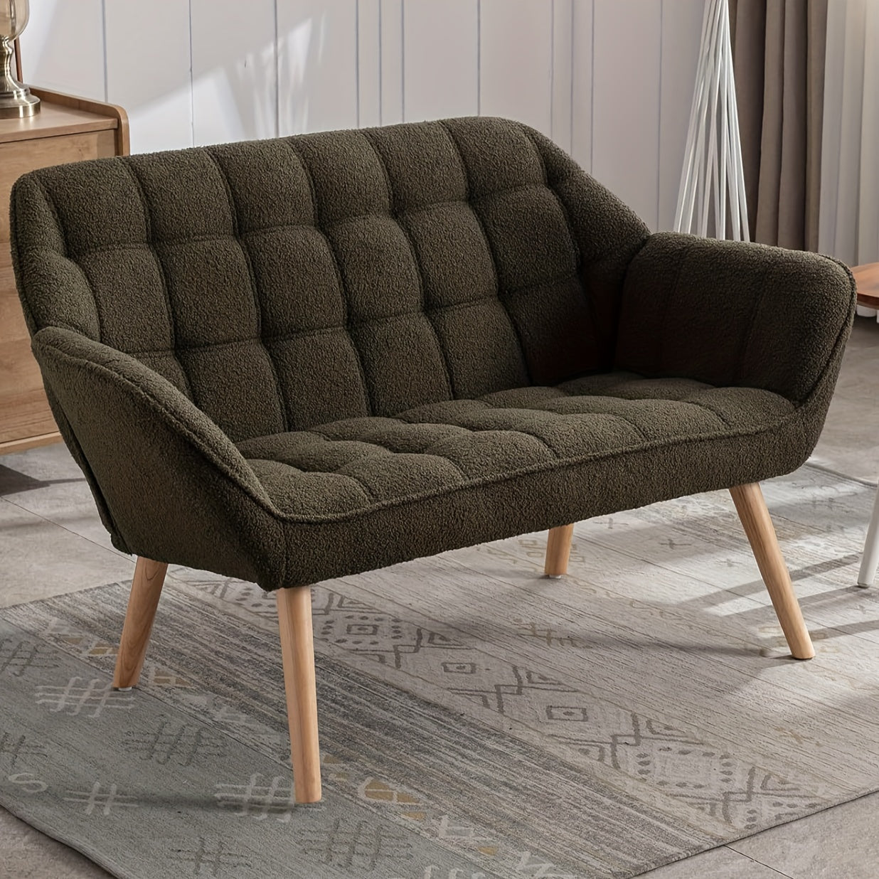 1pc Guyou Small Loveseat for Bedroom 2-Seat Mini Sofa Couch with Wingback and Wood Legs for Living Room Apartment Small Space Fluffy Love Seat, White Sherpa