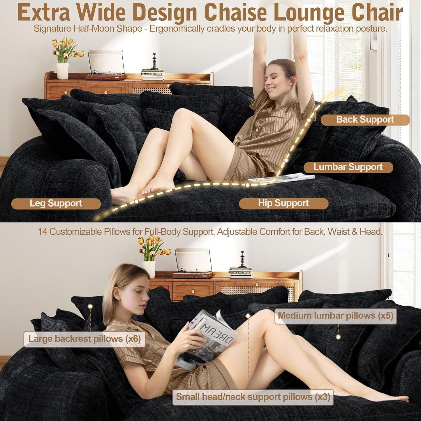 82'' Oversized Upholstered Sofa Bed, Round Chaise Lounge Chair Indoor, Modern Chenille Boneless Couch, No Assembly Required, Plush Sleeper Chair with 14 Pillows for Living Room