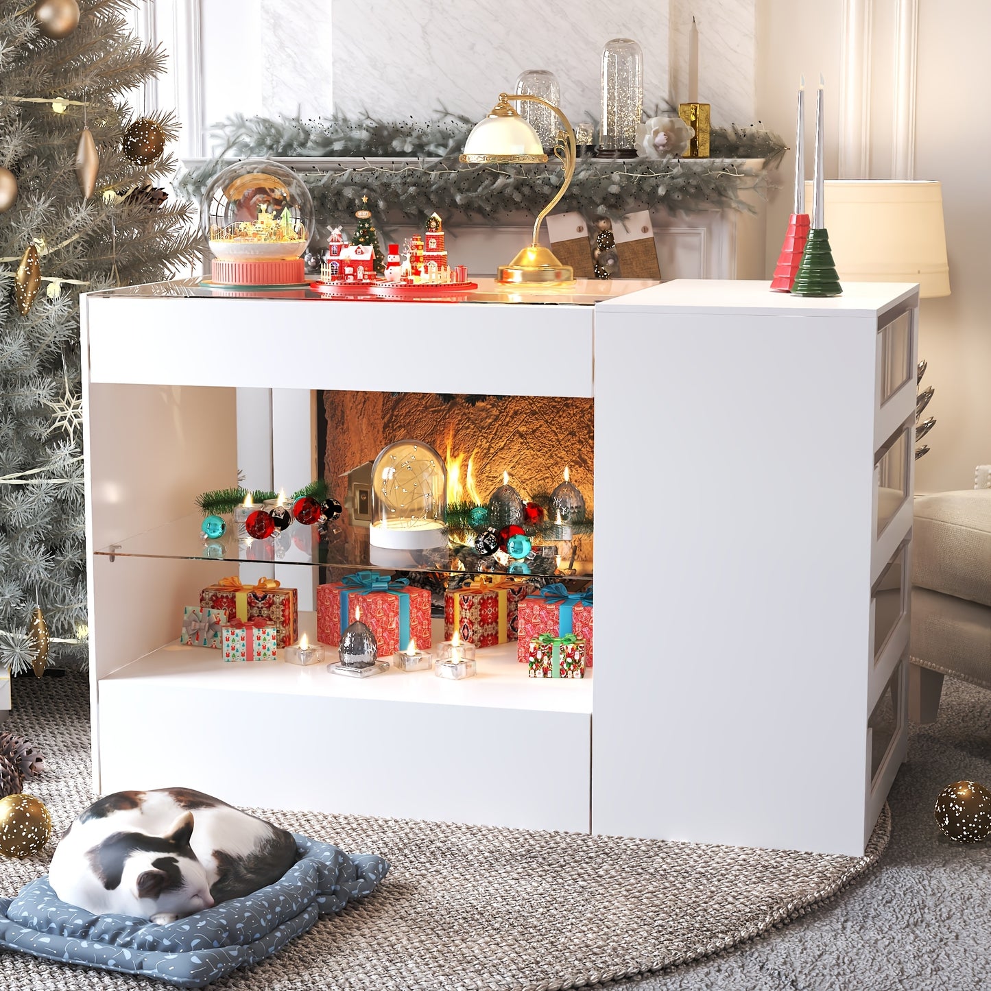 Spacious White Dressing Island with Glass-Top Closet Organizer - Modern Design, Ample Storage, Perfect for Bedroom or Closet Decor, 47.2\