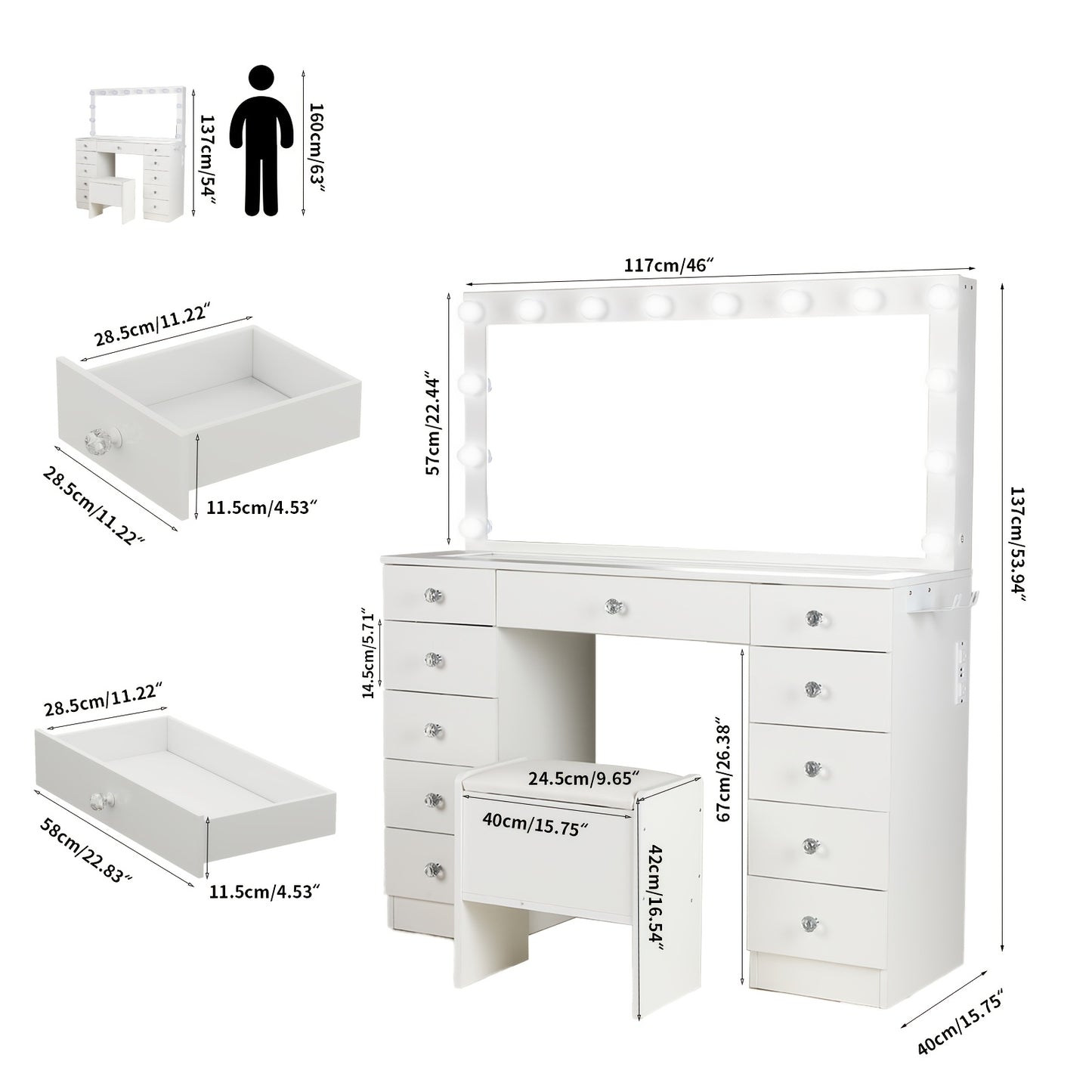Makeup Vanity Set with Large Illuminated Mirror, 11 Drawer Vanity Desk with Glass Countertop for Bedroom, 3 Light Modes, White