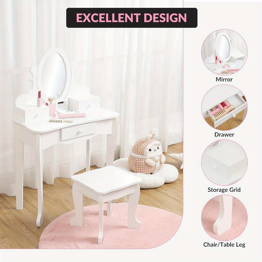 Girls Vanity Set Adjustable Angle Mirror Vanity Set | Pretend Play Girls Vanity Table and Chair Set with Mirror, Stool, and Wood Makeup Playset