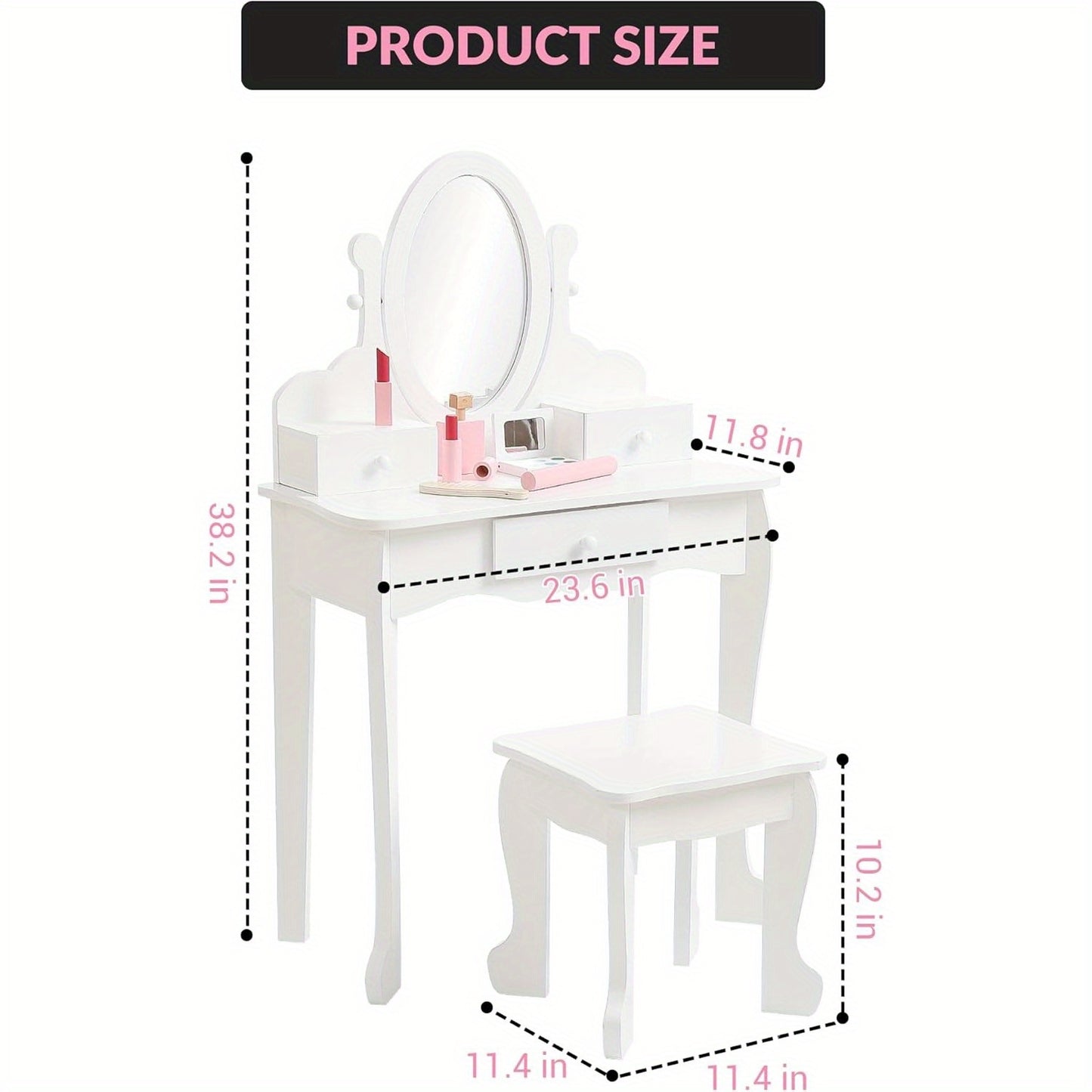 Girls Vanity Set Adjustable Angle Mirror Vanity Set | Pretend Play Girls Vanity Table and Chair Set with Mirror, Stool, and Wood Makeup Playset