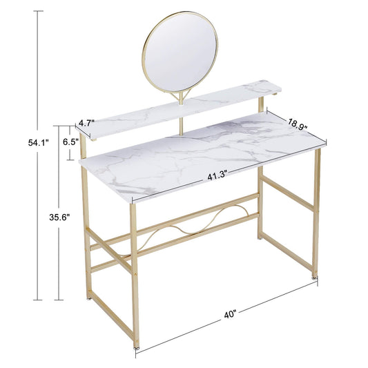 MCombo Vanity Desk with Mirror, White Makeup Vanity Desk with 2 Open Storage Shelves for Bedroom, Living Room