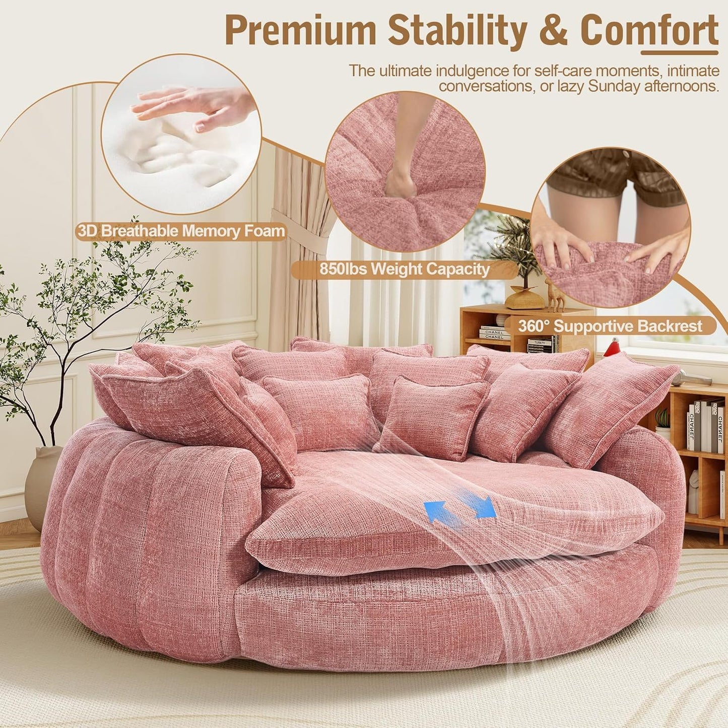 82'' Oversized Upholstered Sofa Bed, Round Chaise Lounge Chair Indoor, Modern Chenille Boneless Couch, No Assembly Required, Plush Sleeper Chair with 14 Pillows for Living Room