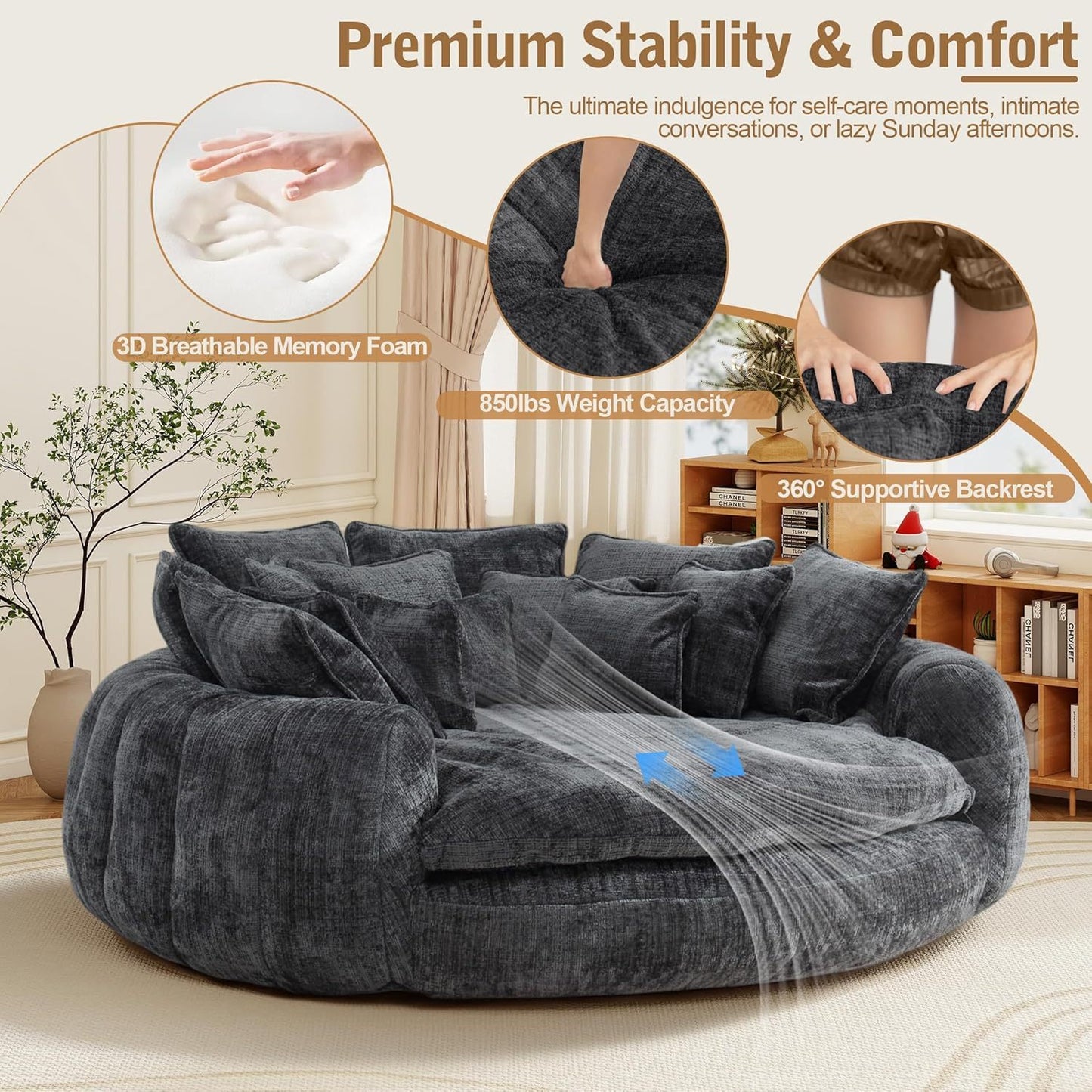 82'' Oversized Upholstered Sofa Bed, Round Chaise Lounge Chair Indoor, Modern Chenille Boneless Couch, No Assembly Required, Plush Sleeper Chair with 14 Pillows for Living Room