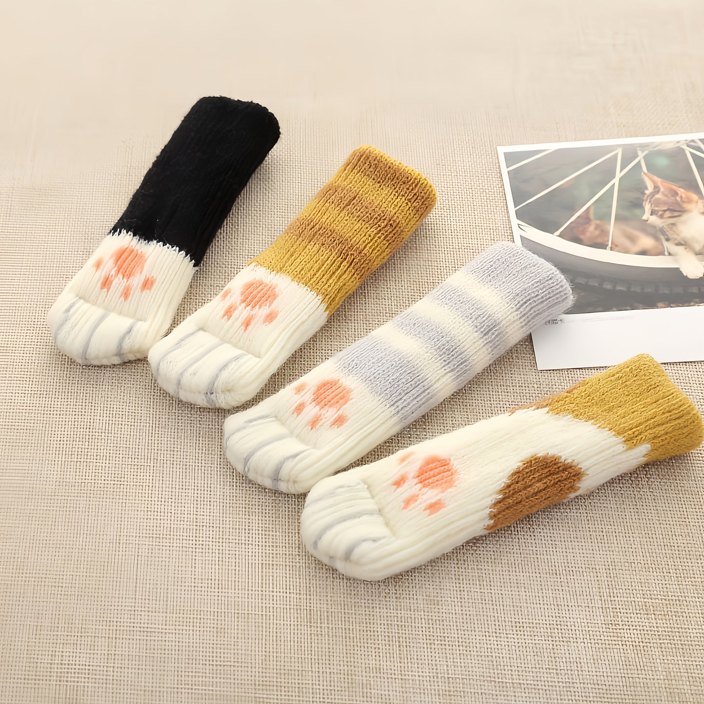 4pcs Cat Paw Print Furniture Foot Pads - Non-Slip Table, Chair, and Door Handle Covers in Black, White, Gray, Yellow Stripes | Protects Surfaces from Scratches and Dents, Cat Scratch Furniture Protector