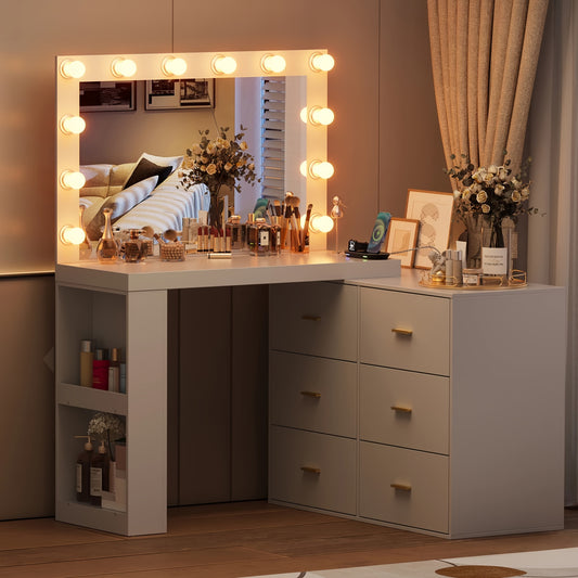 PAKASEPT Corner Vanity Desk with Mirror and 3-Color Lights, Makeup Vanity Dressing Table with Drawers, Charging Station, Side 2 Storage Shelves for Bedroom, White