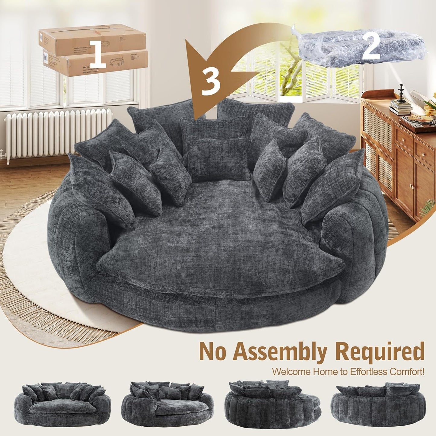 82'' Oversized Upholstered Sofa Bed, Round Chaise Lounge Chair Indoor, Modern Chenille Boneless Couch, No Assembly Required, Plush Sleeper Chair with 14 Pillows for Living Room