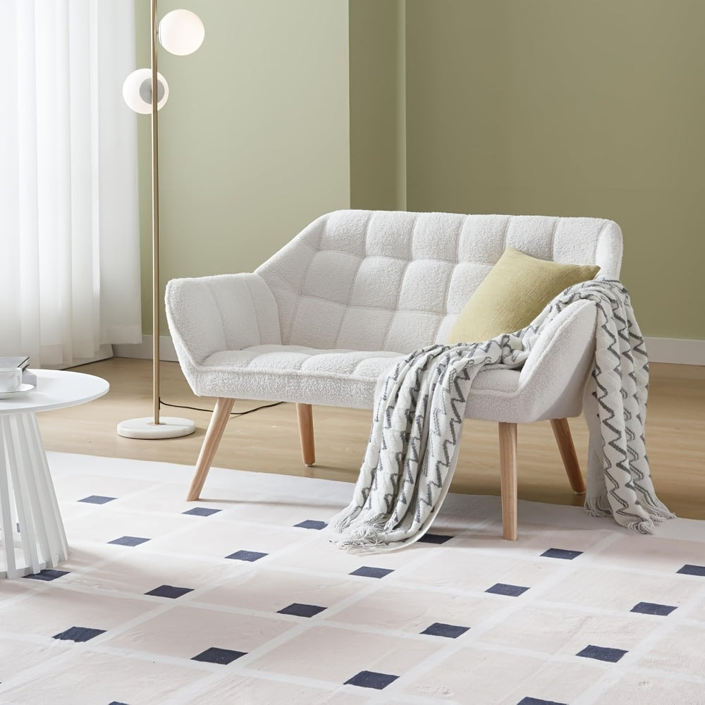 1pc Guyou Small Loveseat for Bedroom 2-Seat Mini Sofa Couch with Wingback and Wood Legs for Living Room Apartment Small Space Fluffy Love Seat, White Sherpa