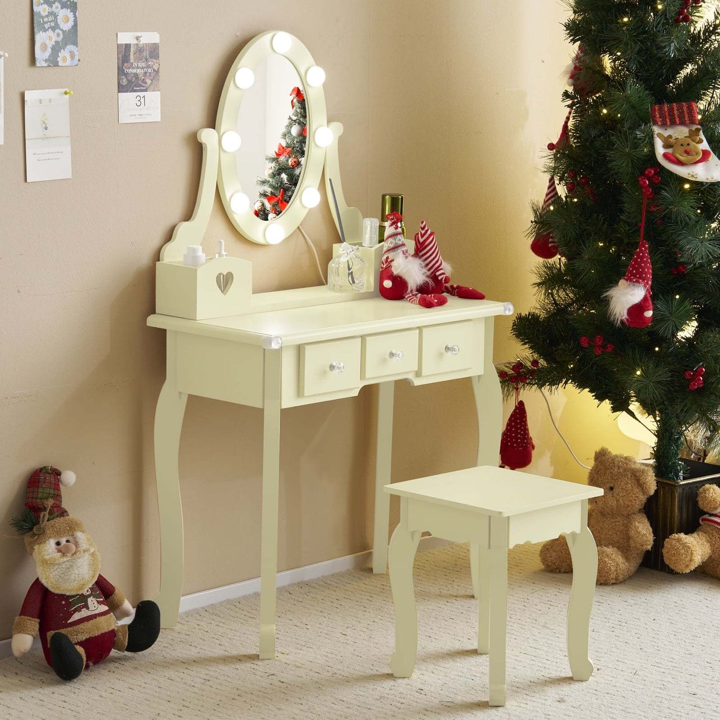 European Style Dressing Table 3 Drawers Dressing Table Set - European Style Density Board with Spray Paint, 2 Storage Tubes - Suitable for Bedroom Living Room Studio