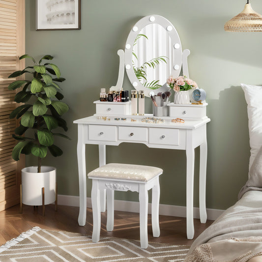 Chic White Vanity Set with 5 Drawers, Cushioned Stool & Storage - European Style Hardwood Dressing Table for Bedroom, Includes Mirror - Perfect Christmas Gift