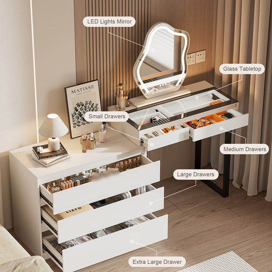 Farmhouse Style Dressing Table with Mirror And LED Three-color Adjustable Light, Corner Dressing Table Makeup Table, Glass Top Makeup Table, Modern Dressing Table with 5 Drawers And Dressing Table, 3 Color Lighting Modes, White