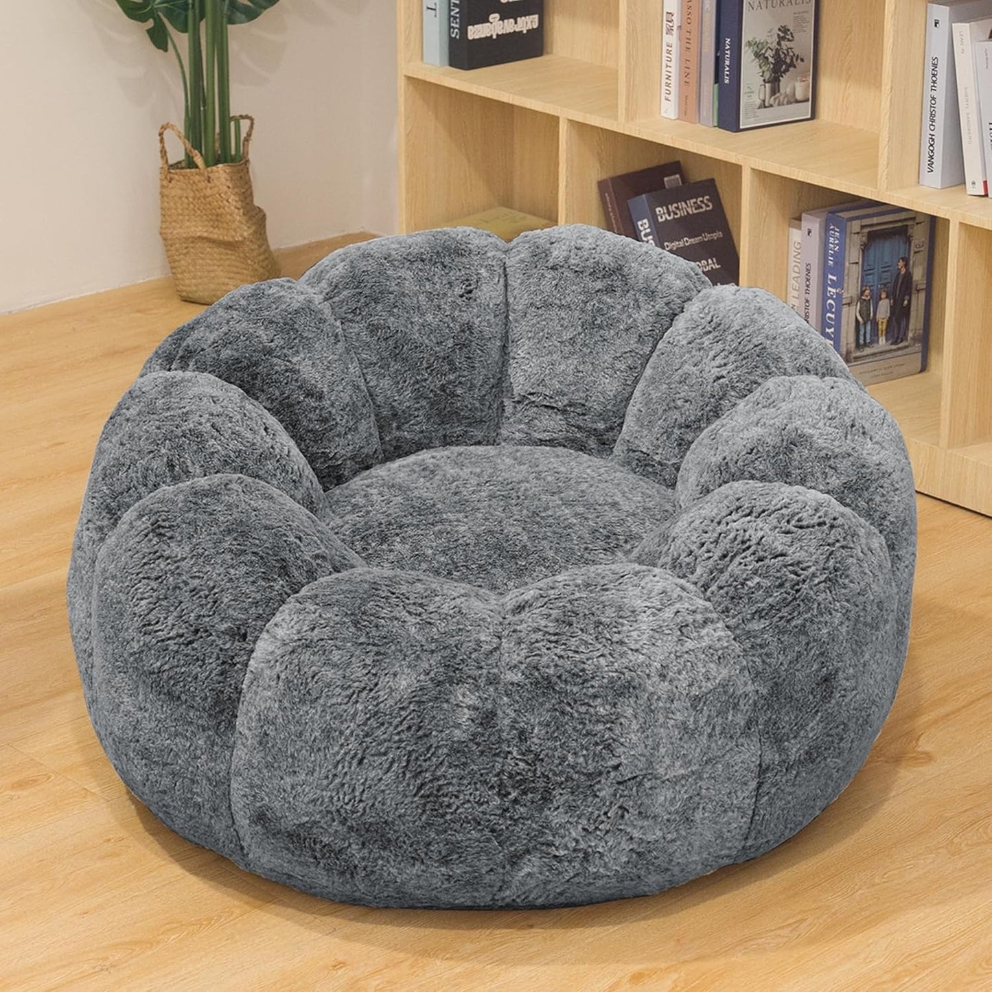 Bean Bag Chair, Faux Fur Bean Bag Chairs with Filler, Comfy Cozy Bean Bag Chair with Low Back Support and Petal Armrest, Fluffy Bean Bag Chair with Structure Petal for Small Space, Bedroom, Living Room