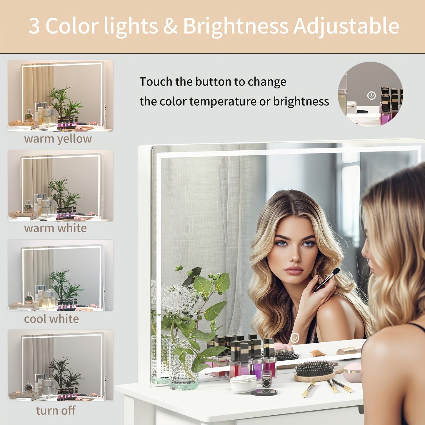 1pc Contemporary White Wooden Vanity Desk Set with Dimmable LED Mirror, 1 Drawer Storage, and Stool - Freestanding Makeup Dressing Table for Bedroom, US Plug, 110V-240V
