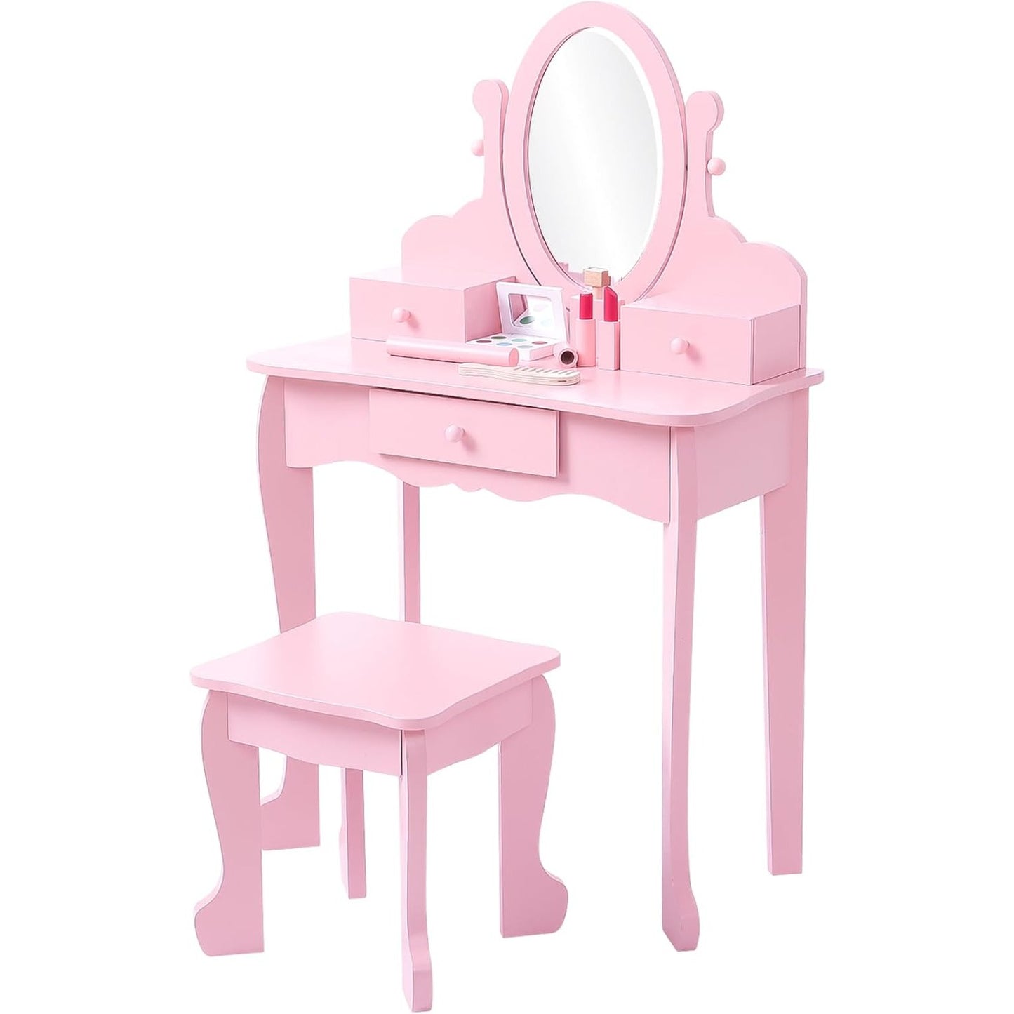 Girls Vanity Set Adjustable Angle Mirror Vanity Set | Pretend Play Girls Vanity Table and Chair Set with Mirror, Stool, and Wood Makeup Playset