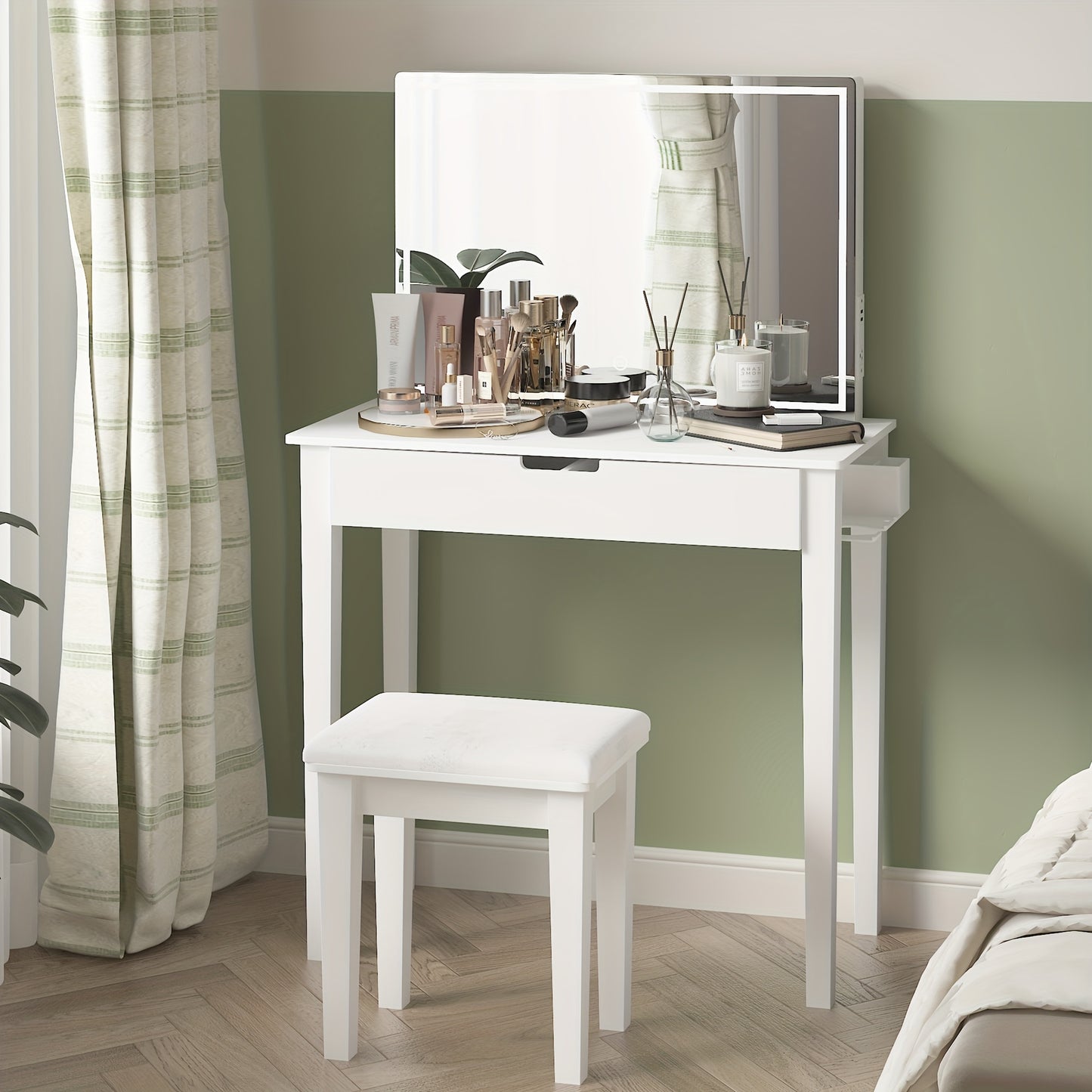 1pc Contemporary White Wooden Vanity Desk Set with Dimmable LED Mirror, 1 Drawer Storage, and Stool - Freestanding Makeup Dressing Table for Bedroom, US Plug, 110V-240V