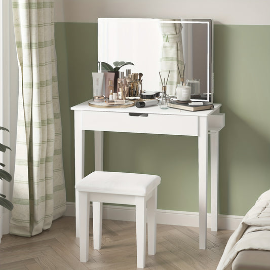 1pc Contemporary White Wooden Vanity Desk Set with Dimmable LED Mirror, 1 Drawer Storage, and Stool - Freestanding Makeup Dressing Table for Bedroom, US Plug, 110V-240V