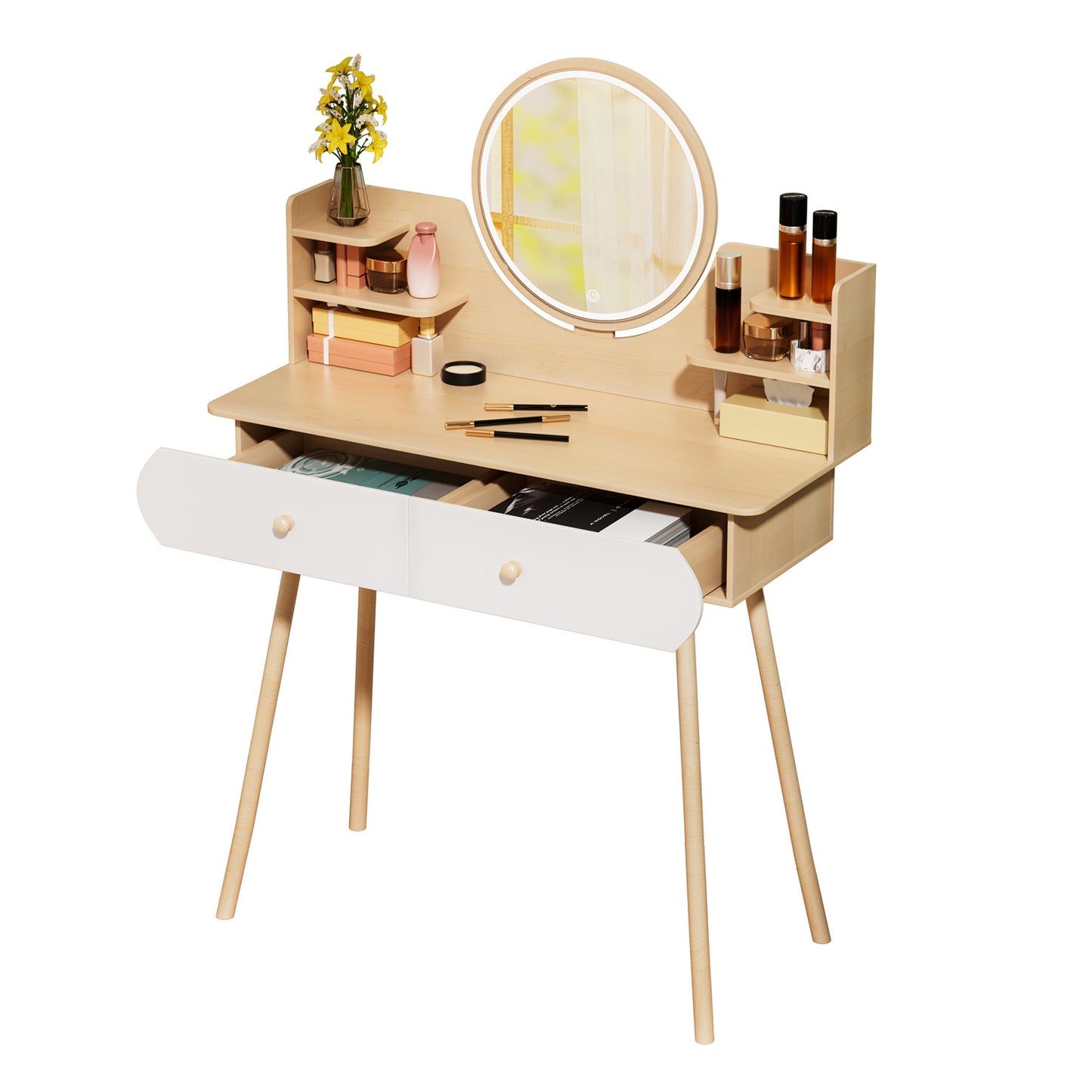1 x Nordic style storage desk with mirror, 2 drawers, open storage rack, spacious tabletop
