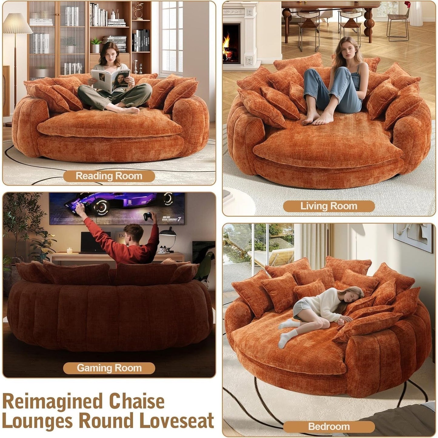 82'' Oversized Upholstered Sofa Bed, Round Chaise Lounge Chair Indoor, Modern Chenille Boneless Couch, No Assembly Required, Plush Sleeper Chair with 14 Pillows for Living Room