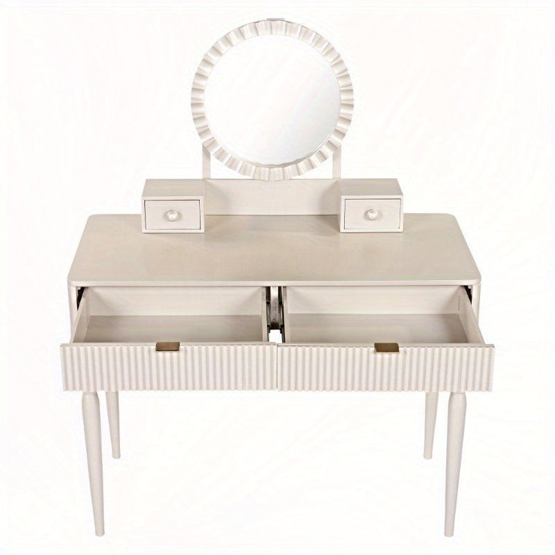 Chic Height-Adjustable Vanity Set with Round Mirror, 4 Spacious Drawers, Champagne Colored Dressing Table with Stool, Perfect for Home, Vanity Area, Beauty Routine