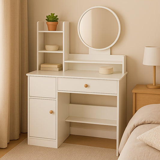 Summer Green Plant Room Multi-Functional Dressing Table, with Drawers, with Mirror, with Stool, Multiple Storage Spaces, Room Decoration Props, Shooting Props, Can Used As a Dressing Table, Desk Or Sideboard, Suitable for Small Bedrooms, Guest Rooms