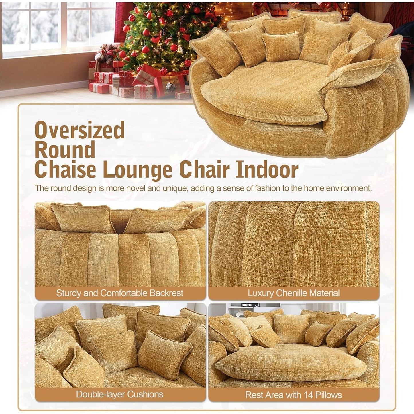 82'' Oversized Upholstered Sofa Bed, Round Chaise Lounge Chair Indoor, Modern Chenille Boneless Couch, No Assembly Required, Plush Sleeper Chair with 14 Pillows for Living Room