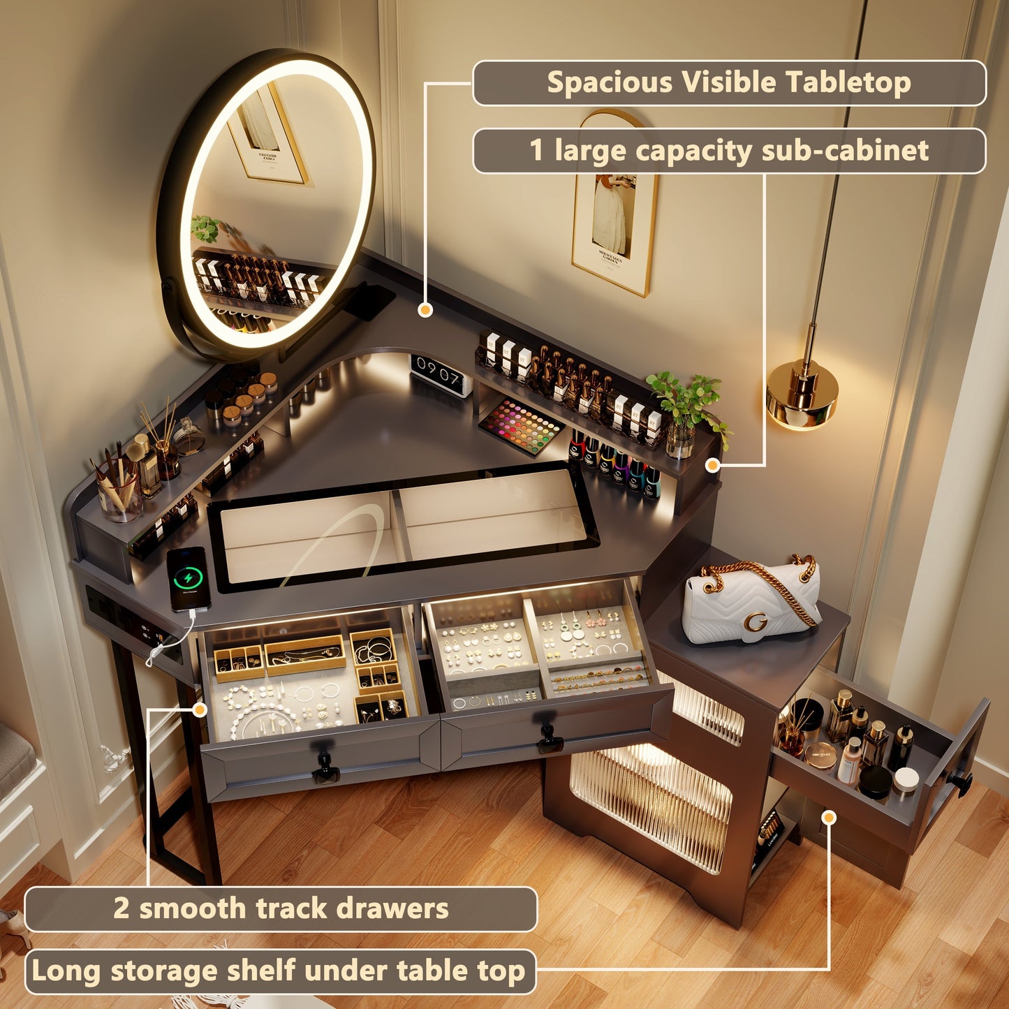 FREDEES Corner Vanity With Mirror And Lights, Modern Makeup Vanity Set With Charging Station For Bedroom\u002FCloakroom, Glass Top Vanity Table With Drawers And Shelves, Grey