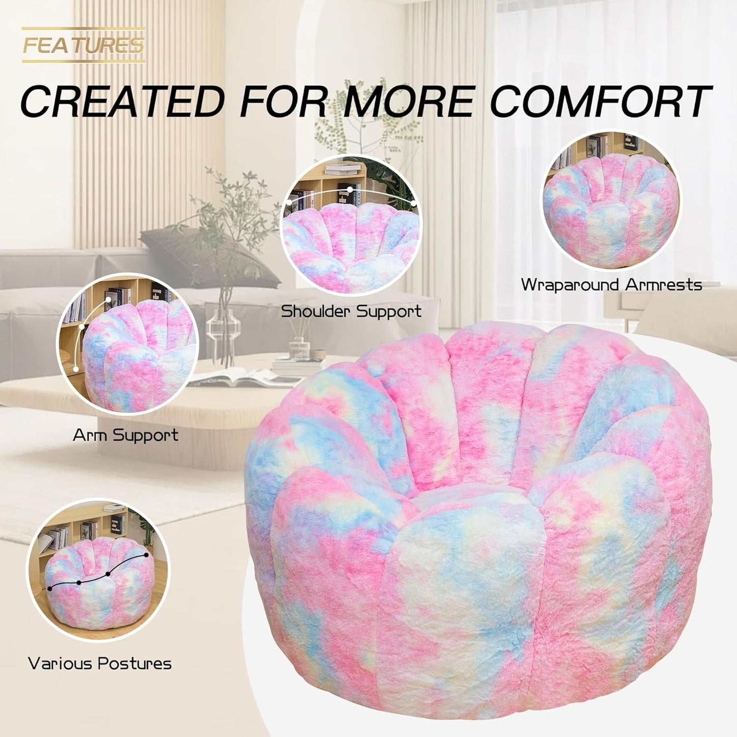 Bean Bag Chair, Faux Fur Bean Bag Chairs with Filler, Comfy Cozy Bean Bag Chair with Low Back Support and Petal Armrest, Fluffy Bean Bag Chair with Structure Petal for Small Space, Bedroom, Living Room
