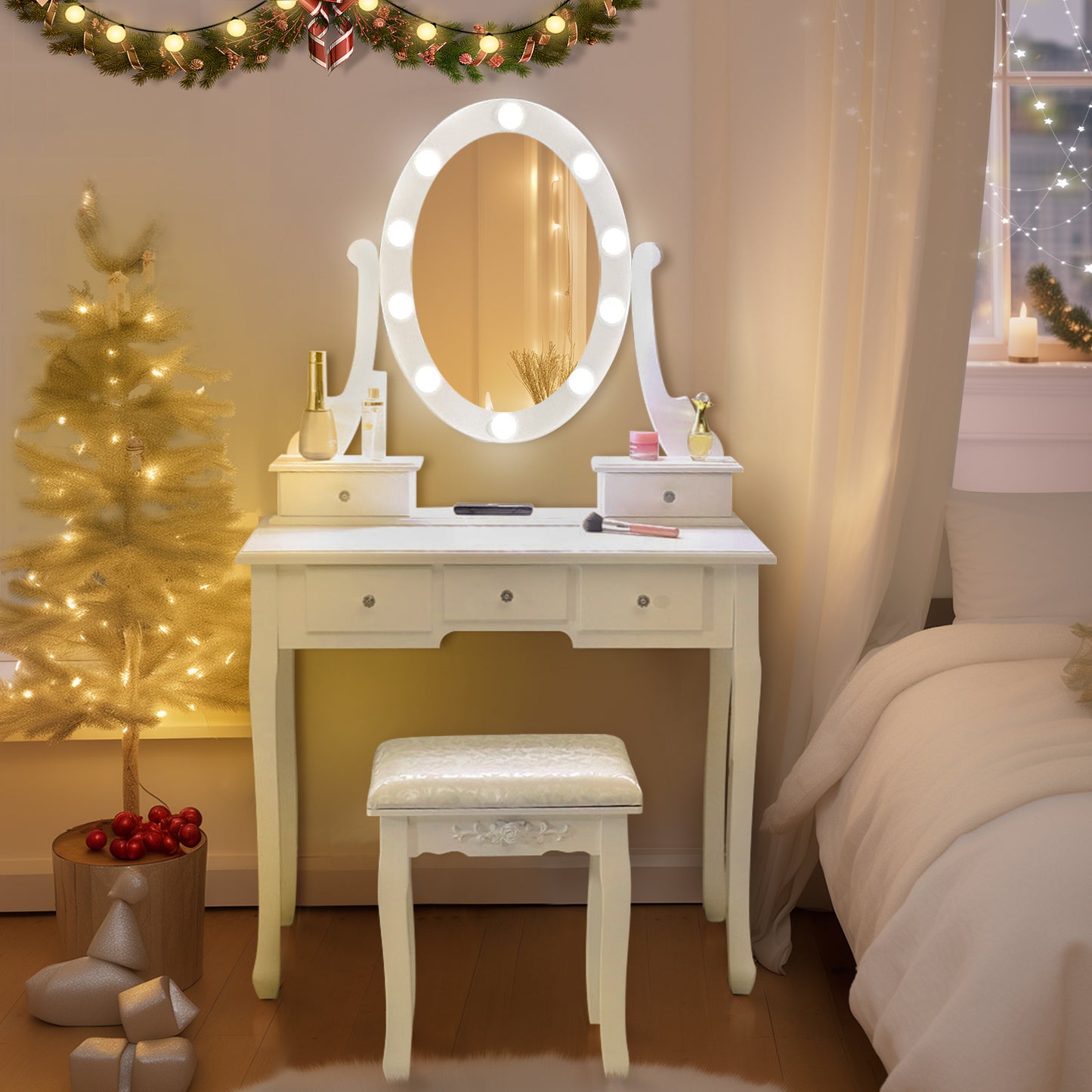 Chic White Vanity Set with 5 Drawers, Cushioned Stool & Storage - European Style Hardwood Dressing Table for Bedroom, Includes Mirror - Perfect Christmas Gift