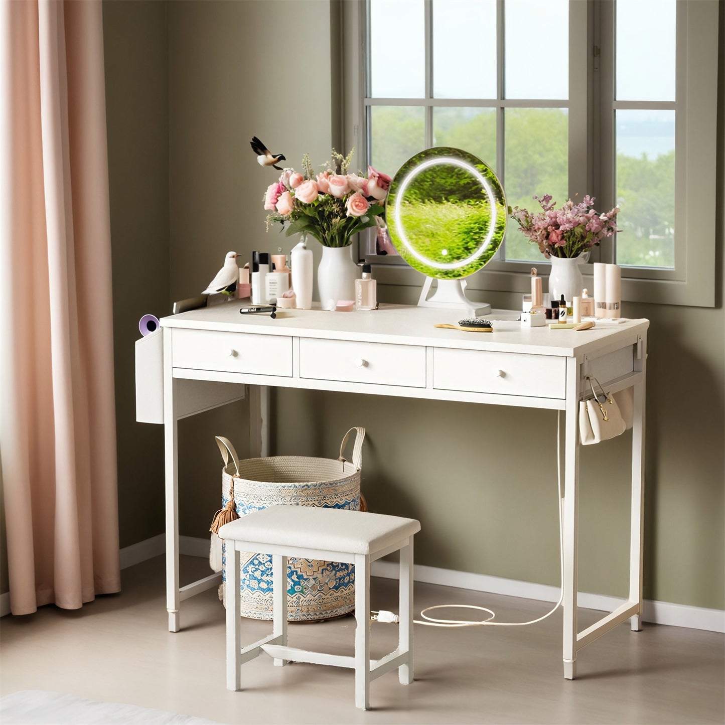 40-inch White Dresser with Chair and Three Fabric Drawers with Outlets with Mirror and Lighting, Touch Screen Lighting, Three Color Lighting Modes, Adjustable Brightness, for Bedroom Dresser, Bathroom Dresser, Upscale Bedroom Dresser