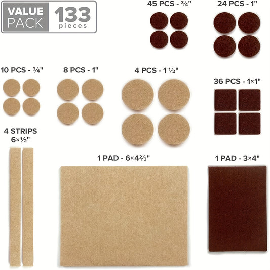 133pcs Premium Felt Furniture Pads - Non-Slip Floor Protectors for Hardwood & Laminate, Brown & Beige, Stackable Design, Durable Furniture Leg Pads for Scratch Prevention, Versatile Floor Pads, Soft Cushioning, Minimalist Design, Sturdy Construction, Furn