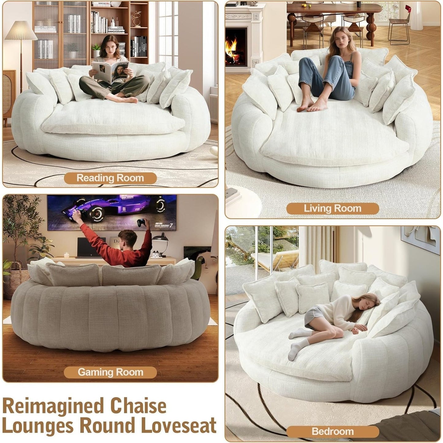 82'' Oversized Upholstered Sofa Bed, Round Chaise Lounge Chair Indoor, Modern Chenille Boneless Couch, No Assembly Required, Plush Sleeper Chair with 14 Pillows for Living Room