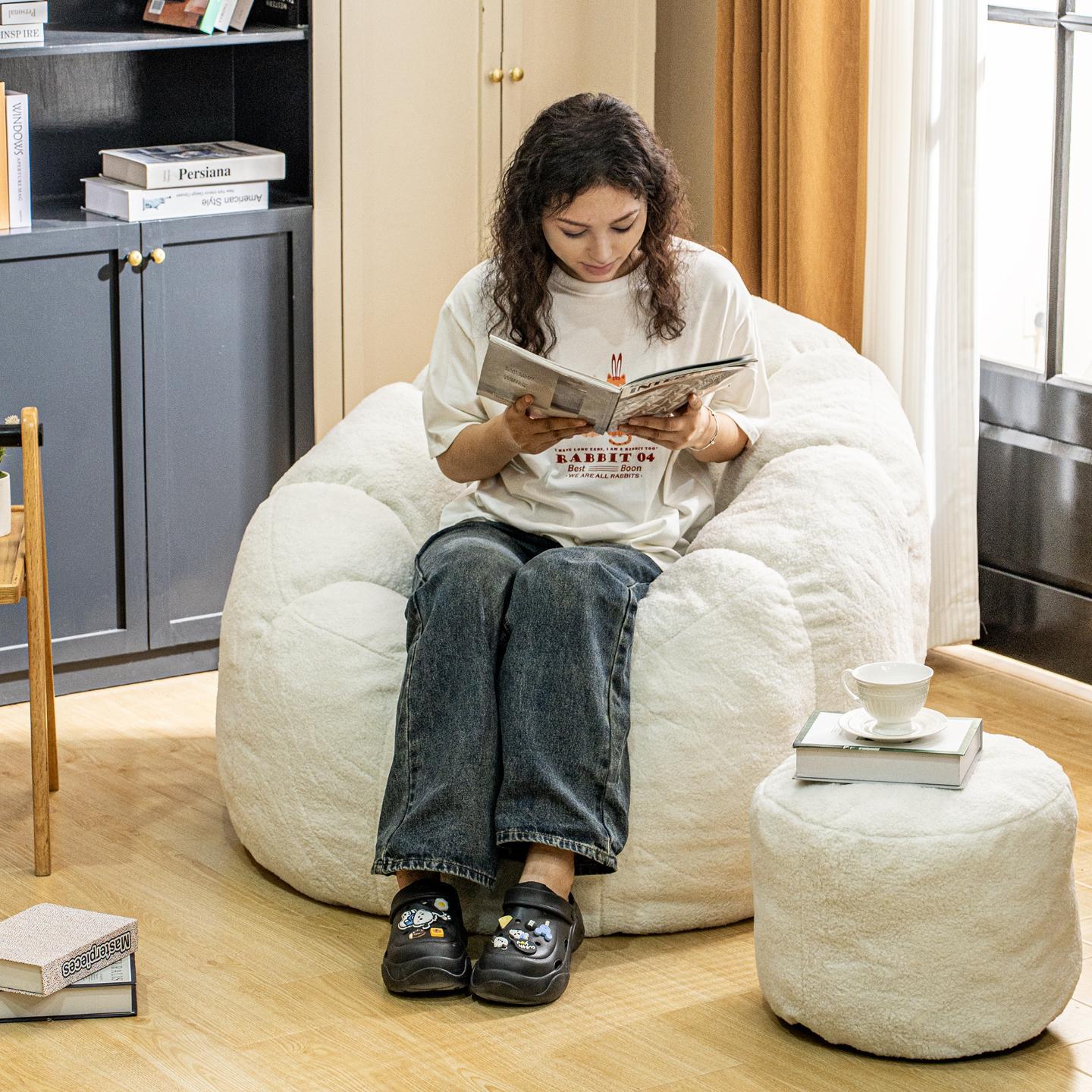 Bean Bag Chair, Faux Fur Bean Bag Chairs with Filler, Comfy Cozy Bean Bag Chair with Low Back Support and Petal Armrest, Fluffy Bean Bag Chair with Structure Petal for Small Space, Bedroom, Living Room
