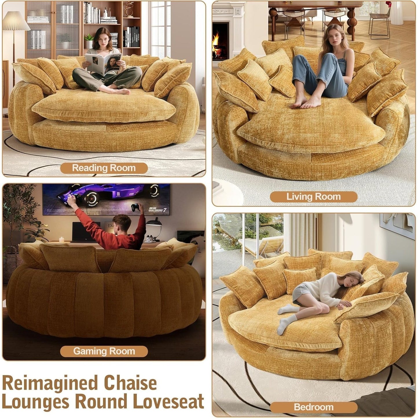 82'' Oversized Upholstered Sofa Bed, Round Chaise Lounge Chair Indoor, Modern Chenille Boneless Couch, No Assembly Required, Plush Sleeper Chair with 14 Pillows for Living Room