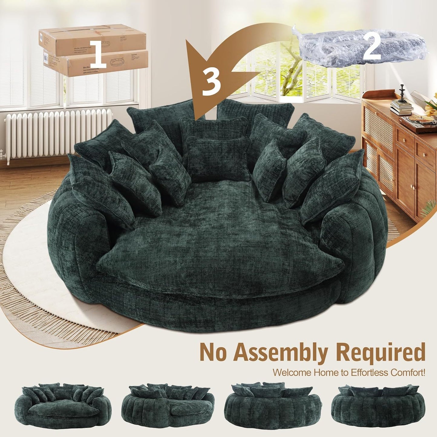 82'' Oversized Upholstered Sofa Bed, Round Chaise Lounge Chair Indoor, Modern Chenille Boneless Couch, No Assembly Required, Plush Sleeper Chair with 14 Pillows for Living Room