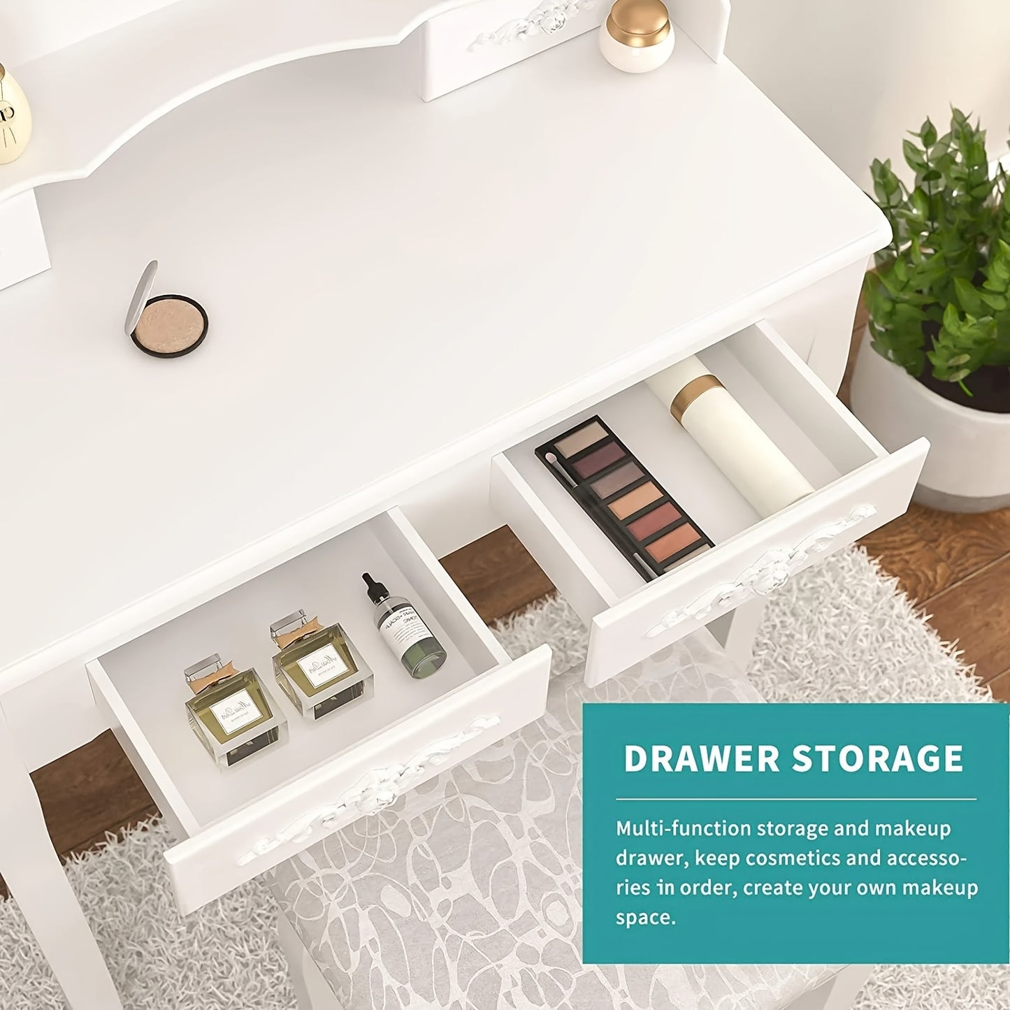 Elegance White Makeup Desk 4-Drawer White Wood Vanity Table and Stool Set - Modern Elegance Makeup Desk with Mirror