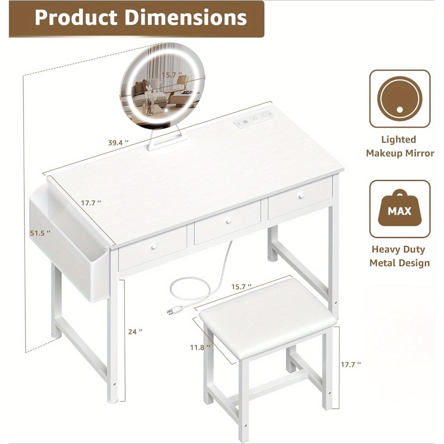 40-inch White Dresser with Chair and Three Fabric Drawers with Outlets with Mirror and Lighting, Touch Screen Lighting, Three Color Lighting Modes, Adjustable Brightness, for Bedroom Dresser, Bathroom Dresser, Upscale Bedroom Dresser