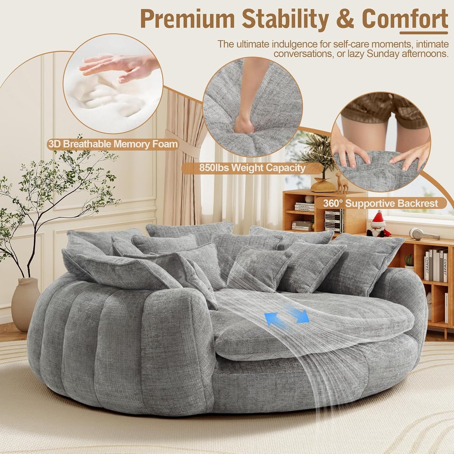 82'' Oversized Upholstered Sofa Bed, Round Chaise Lounge Chair Indoor, Modern Chenille Boneless Couch, No Assembly Required, Plush Sleeper Chair with 14 Pillows for Living Room