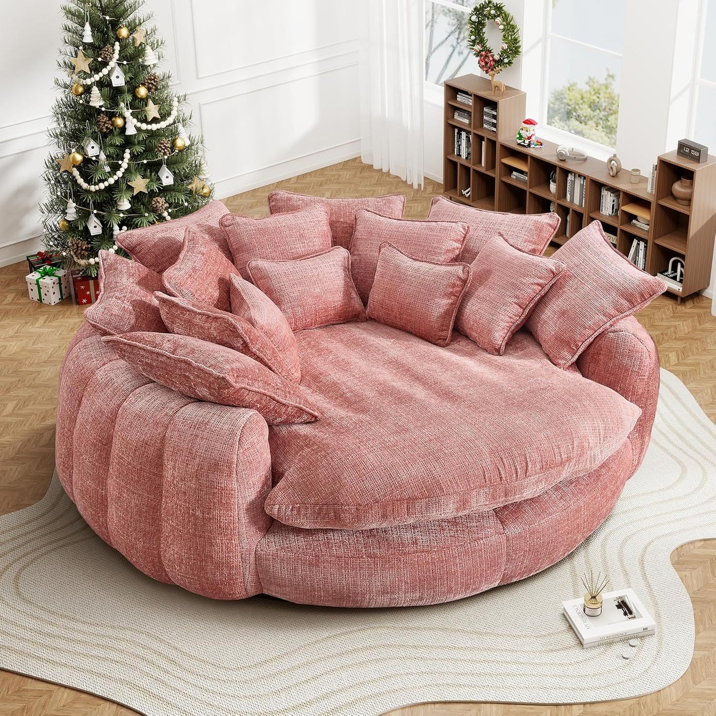 82'' Oversized Upholstered Sofa Bed, Round Chaise Lounge Chair Indoor, Modern Chenille Boneless Couch, No Assembly Required, Plush Sleeper Chair with 14 Pillows for Living Room