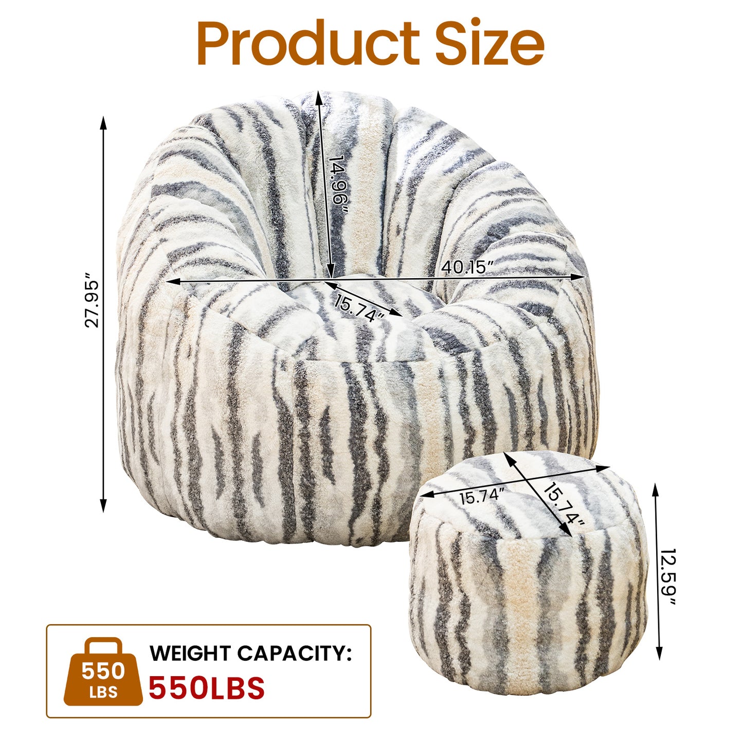 Bean Bag Chair, Faux Fur Bean Bag Chairs with Filler, Comfy Cozy Bean Bag Chair with Low Back Support and Petal Armrest, Fluffy Bean Bag Chair with Structure Petal for Small Space, Bedroom, Living Room