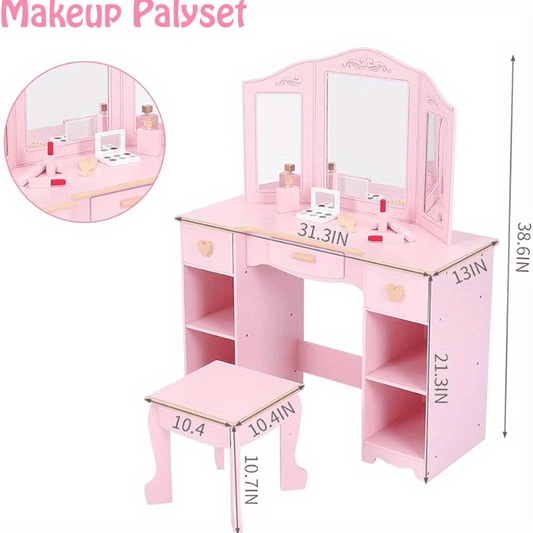 GAOMON Pink Vanity Dressing Set - Play Table with Mirror and Storage Drawer, Pretend Play Furniture for Creative Activities, Classic Style, No Assembly Required, Under 27\