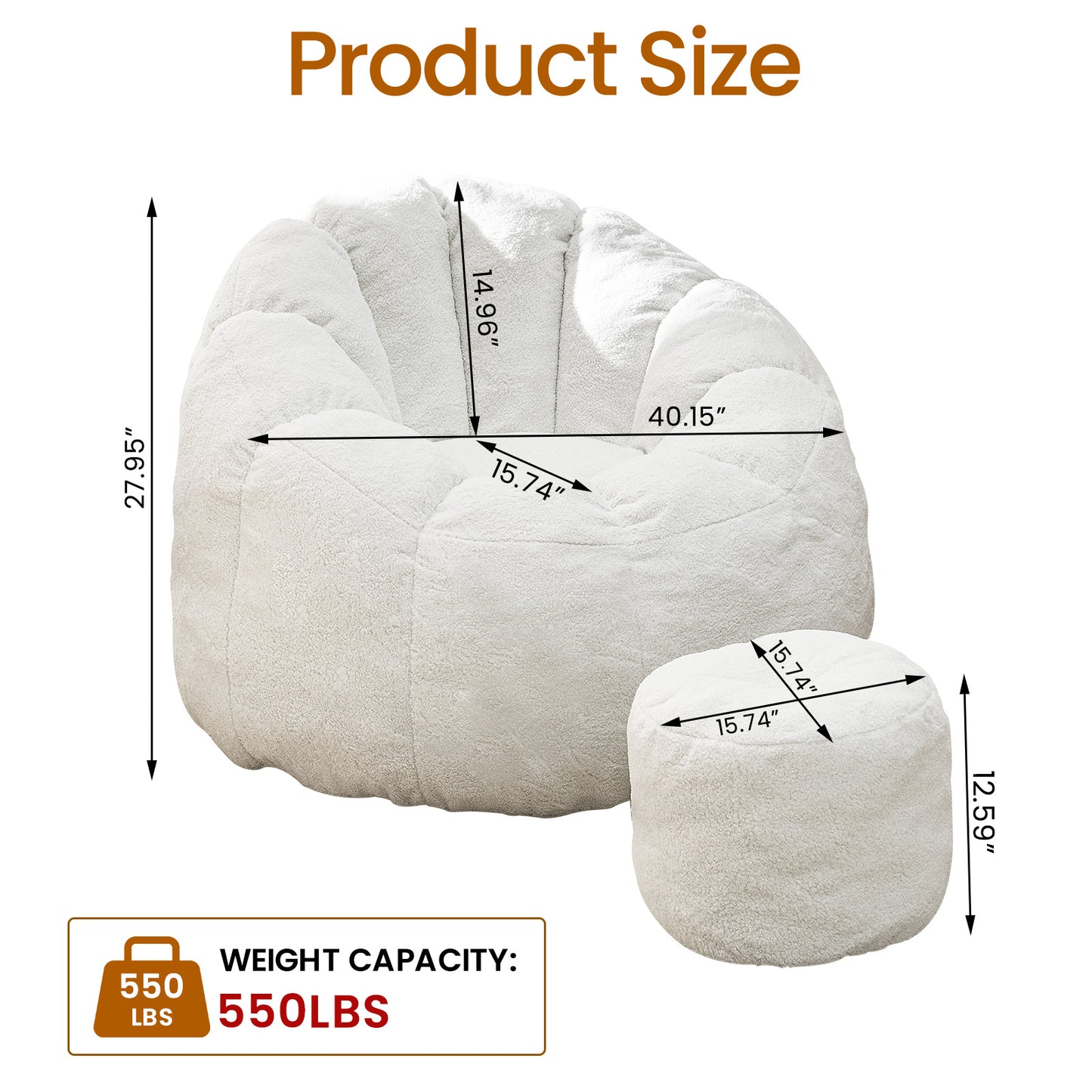Bean Bag Chair, Faux Fur Bean Bag Chairs with Filler, Comfy Cozy Bean Bag Chair with Low Back Support and Petal Armrest, Fluffy Bean Bag Chair with Structure Petal for Small Space, Bedroom, Living Room