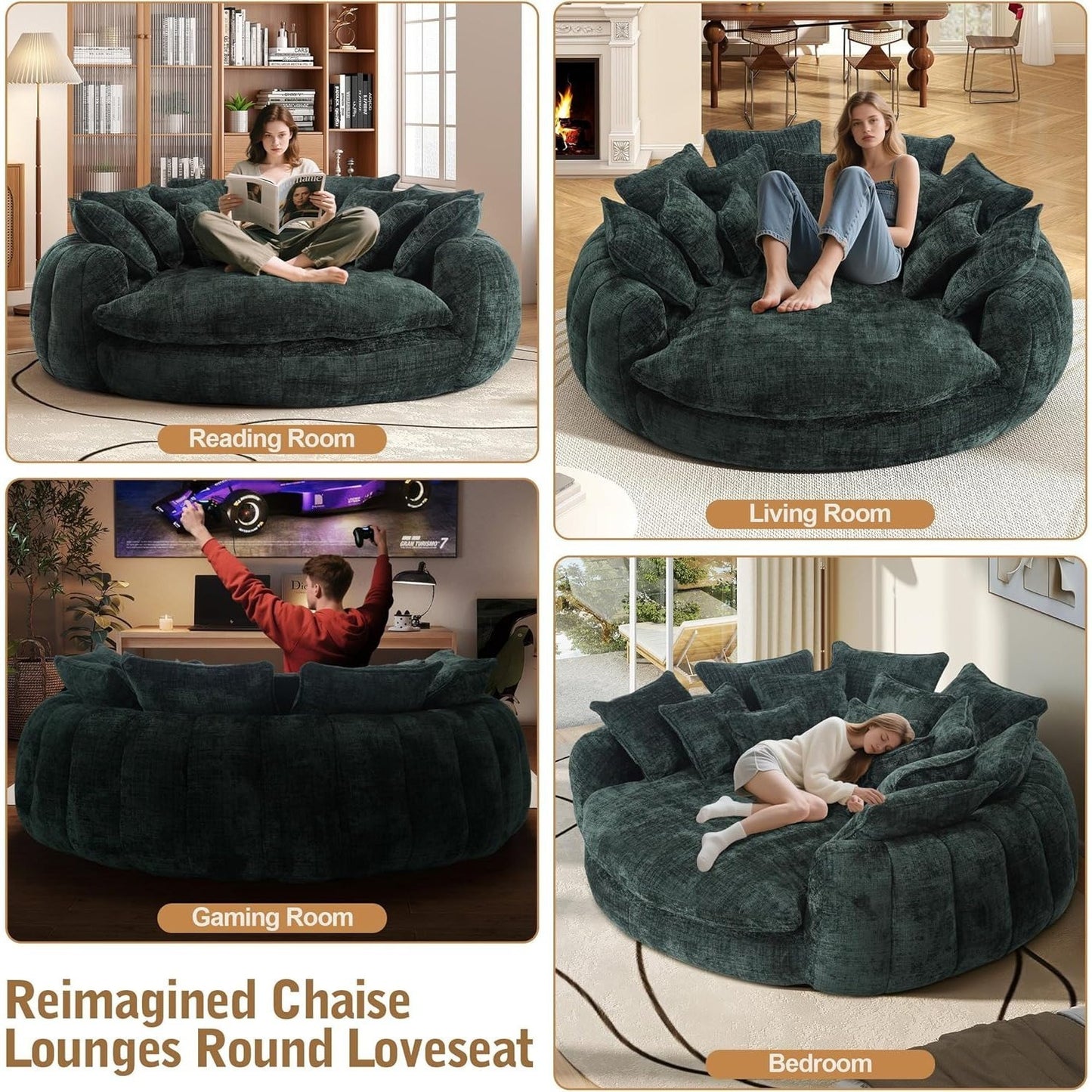 82'' Oversized Upholstered Sofa Bed, Round Chaise Lounge Chair Indoor, Modern Chenille Boneless Couch, No Assembly Required, Plush Sleeper Chair with 14 Pillows for Living Room