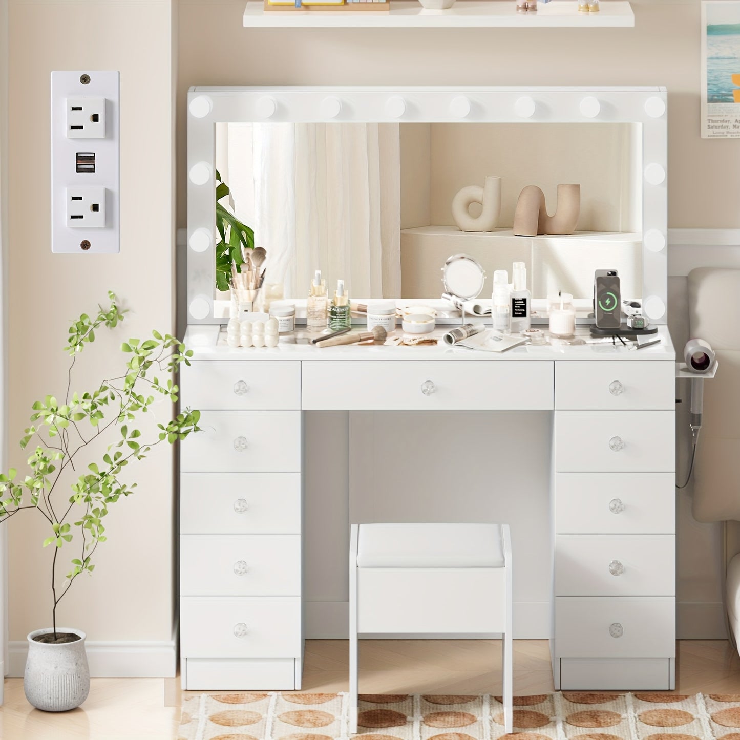 Makeup Vanity Set with Large Illuminated Mirror, 11 Drawer Vanity Desk with Glass Countertop for Bedroom, 3 Light Modes, White