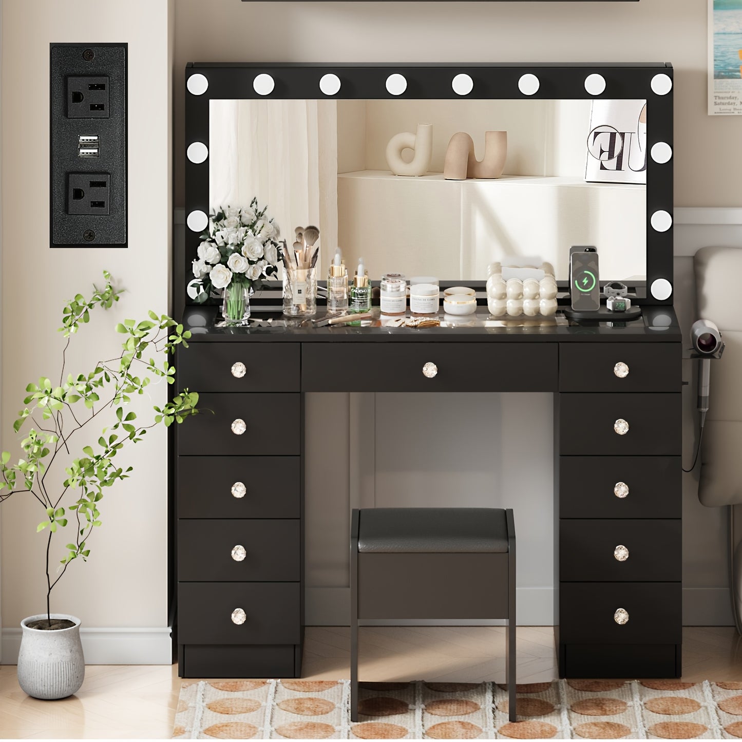 Makeup Vanity Set with Large Illuminated Mirror, 11 Drawer Vanity Desk with Glass Countertop for Bedroom, 3 Light Modes, White