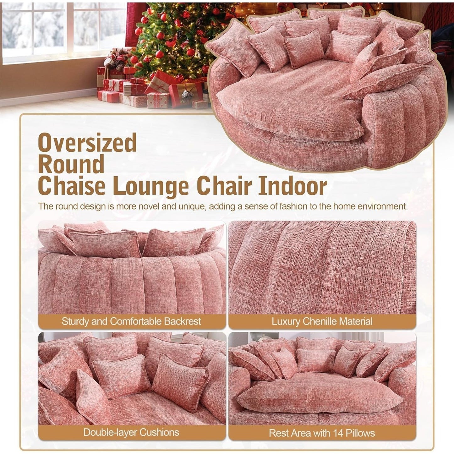 82'' Oversized Upholstered Sofa Bed, Round Chaise Lounge Chair Indoor, Modern Chenille Boneless Couch, No Assembly Required, Plush Sleeper Chair with 14 Pillows for Living Room